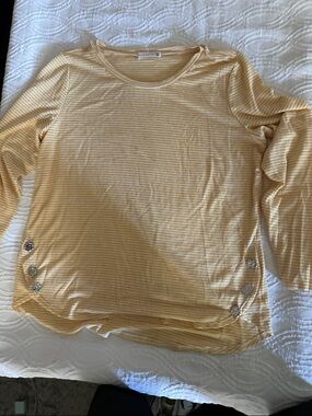 Striped Long Sleeve Top with Decorative Buttons - Yellow - Unknown Brand